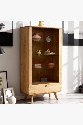 Massive Vitrine aus Eichenholz, 2-türig, mit Schublade